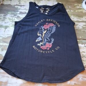 Harley-Davidson Black Tank with Eagle & Pink Rose Graphic